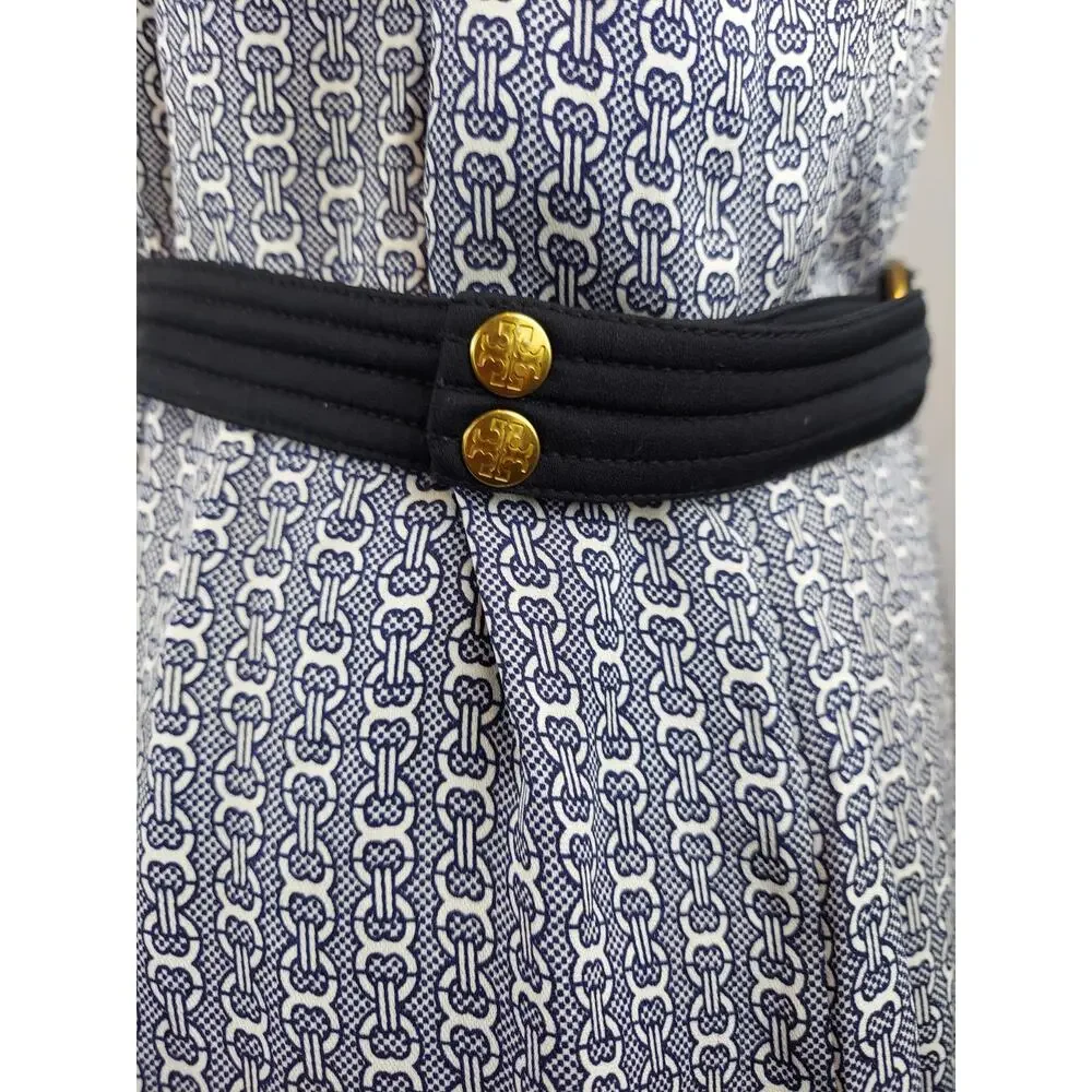Tory Burch Blue Gemini Link Rampling Silk Belted Sleeveless Midi Dress Size 8